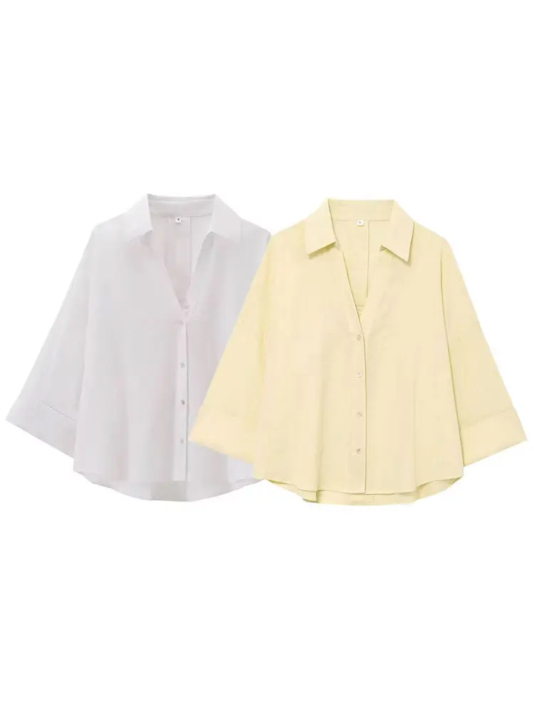 

Повседневная рубашка для женщин, весна 2024, v-образный вырез, длинные рукава, свободные однотонные блузки, женские базовые простые базовые женские топы для поездок на работу