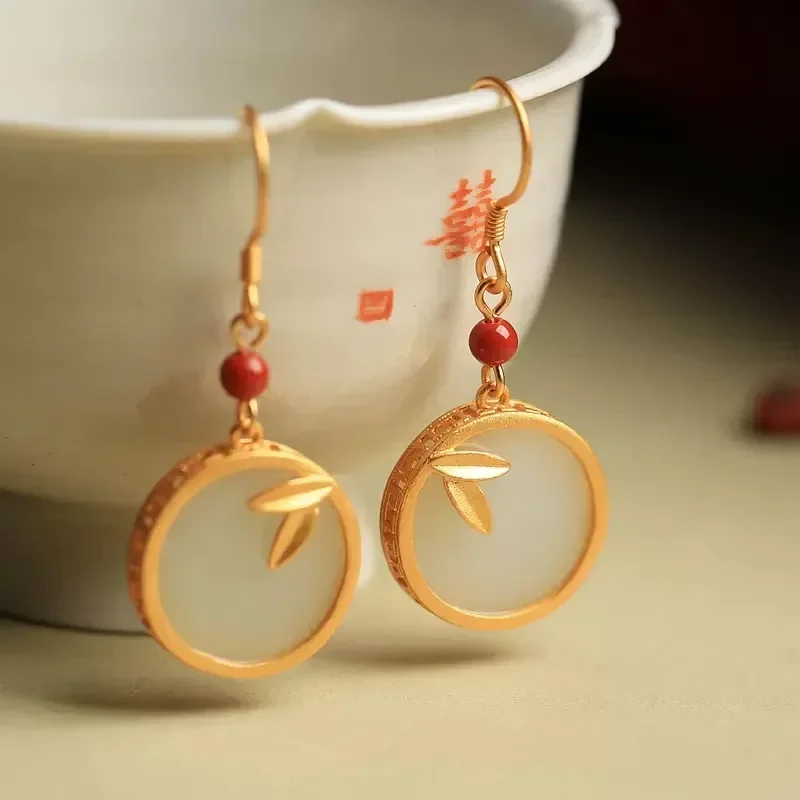 Chinese Style Vintage Ancient Craft Copper Alloy Hotan Stone Bamboo Earring for Women Hanfu Cheongsam Girlfriend Gift Jewelry