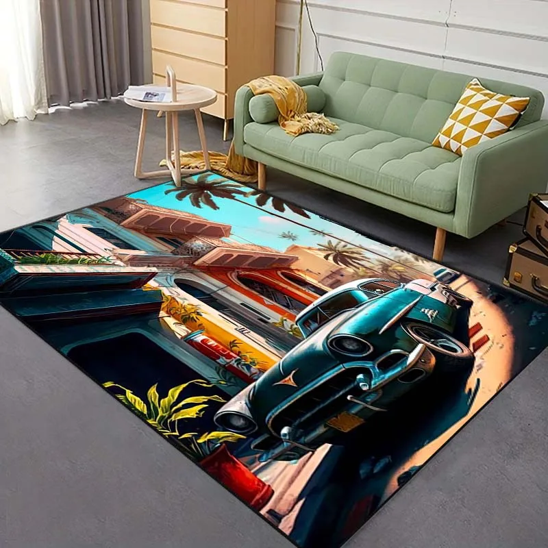 Retro Car Pattern Living Room Bedroom Carpet Bedside Bathroom Floor Mat 15 Size Area Rug Cloakroom Home Room Decor Outdoor Rug