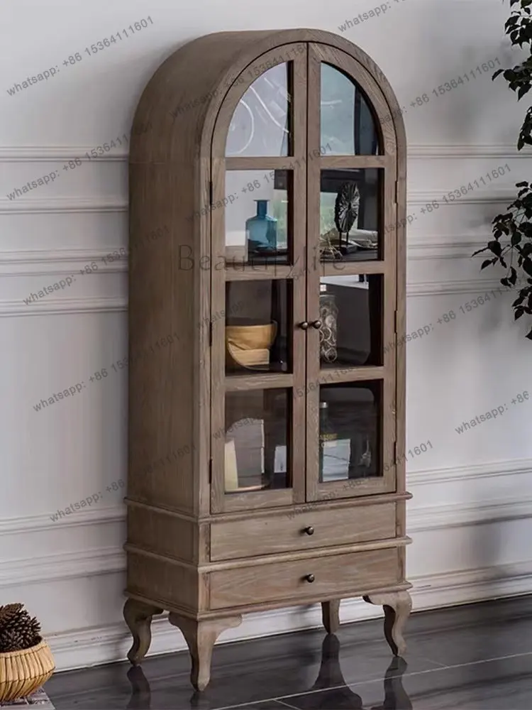 American country solid wood retro bookcase multi-functional glass door wine cabinet