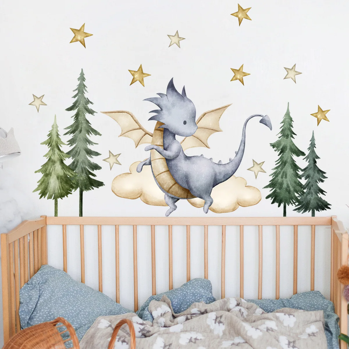 Cartoon Dinosaur Pine Tree Star Wall Sticker Removable Self-Adhesive Baby Dragon Wall Decals for Kids Room Boys Bedroom Decor