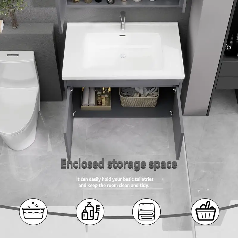 حوض حمام مثبت على الحائط مقاس 32 بوصة مع مجموعة حوض سيراميك، باب خزانة مغلق ناعم، يتضمن استنزاف منبثق وصندوق على شكل حرف P، رمادي