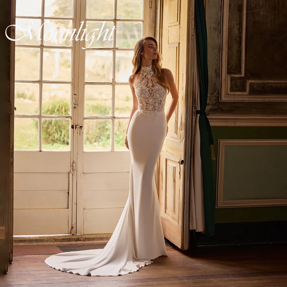 

Modern Lace Mermaid Wedding Dress Women Halter Backless Appliqued Sleeveless Buttons Bridal Gown Vestidos De Novia Customized