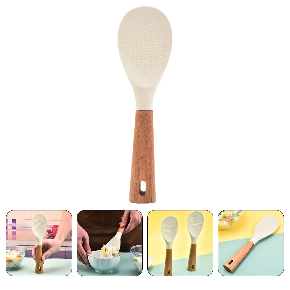 

1pc Wooden Handle Silicone Rice Spoon Non-Stick Heat Resistant Rice Paddle For Kitchen Cooking Serving Food Grade Scoop Tool