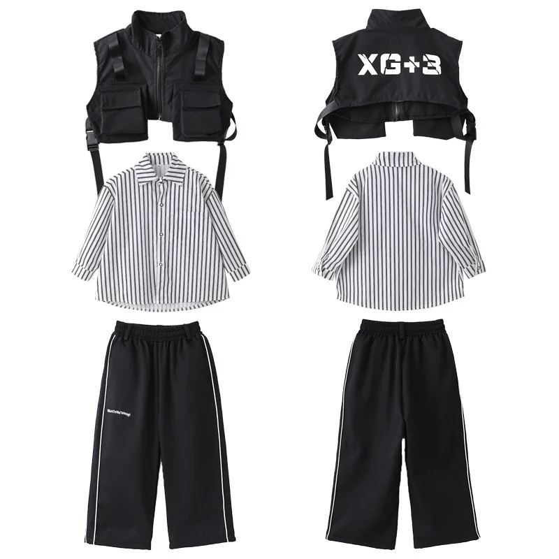 Hip Hop Girls Black Vest Striped Shirt Tops Boys Jazz Street Dance Baggy Pants Children Clothes Sets Teen Kid Rave Party Costume