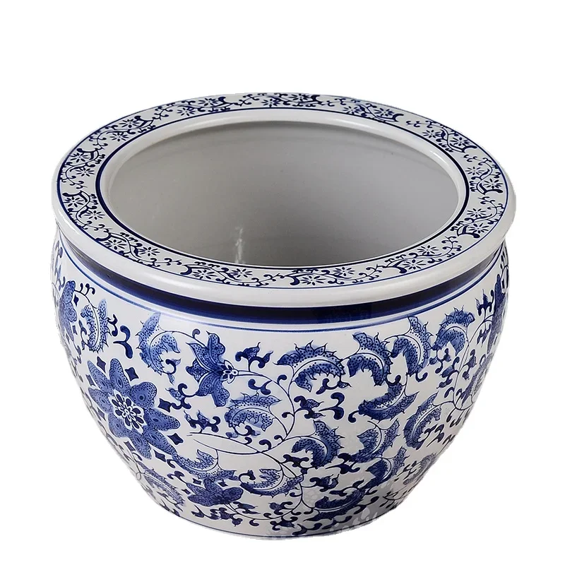 Ceramic Fish Bowl Round Chinese Blue and White Twigs Flower Porcelain Fish Bowls Tank Oriental Fish Bowl 12 Inch Traditional