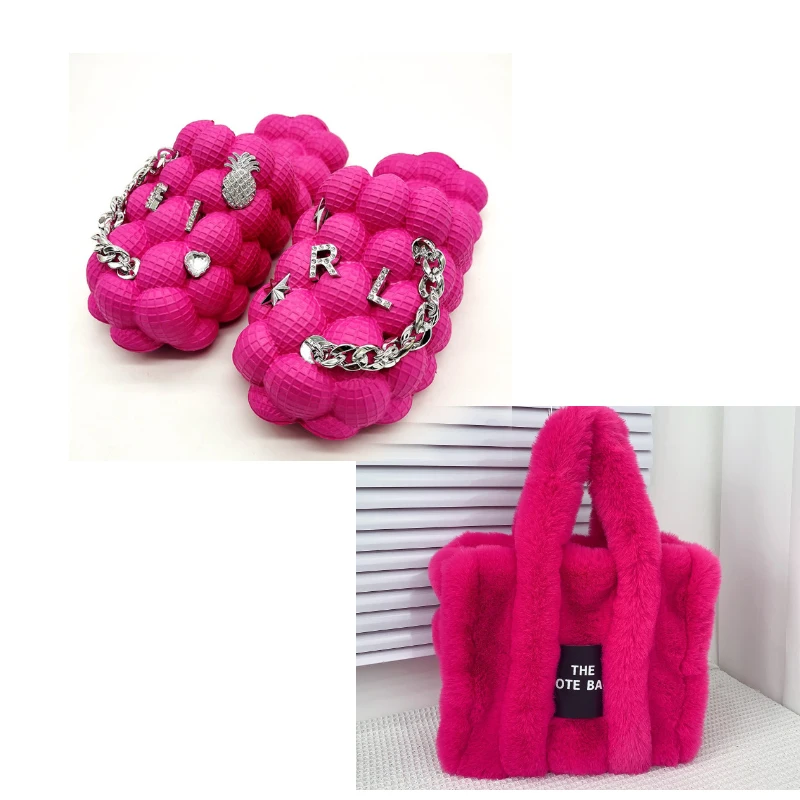 Women Toe Covered Bubble Slippers Quality Massage Relax Slides Match Furry Bag Set Creative Graffiti Decoration Beach Flip Flops