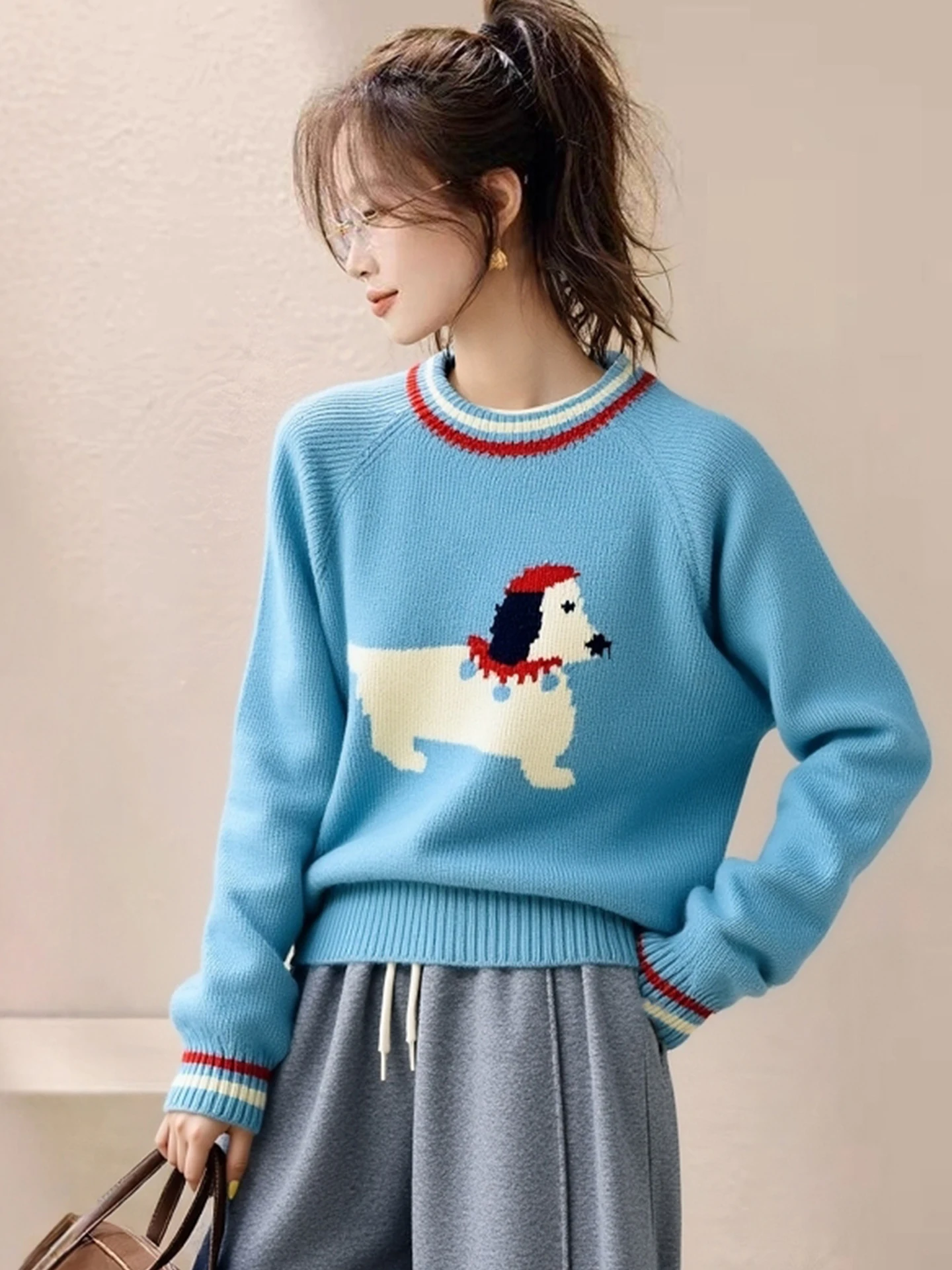 

Корейский вязаный свитер с круглым вырезом и мультяшным рисунком собаки, теплый, модный, повседневный, для создания молодежного образа, зимний топ