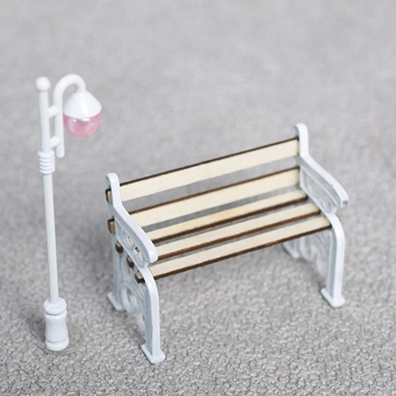 2PCS 1/12 Dollhouse Miniature Wooden Park Bench Street Lamp Suit Fairy Garden Ornaments Outdoor Furniture Model Decor Toys