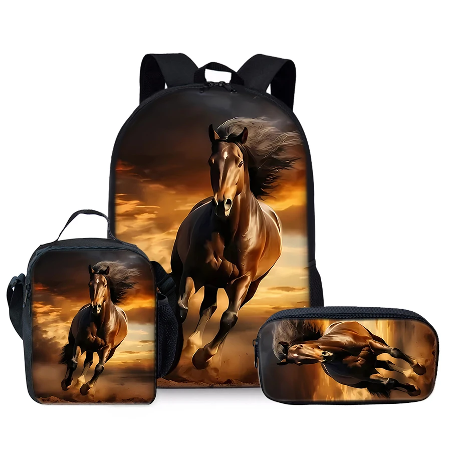 

Animal Horse Three Piece Set Backpack+Lunch Bag+Pencil Case For Boy/Girls Children Best Gifts 3D Cartoon Teens Laptop SchoolBag