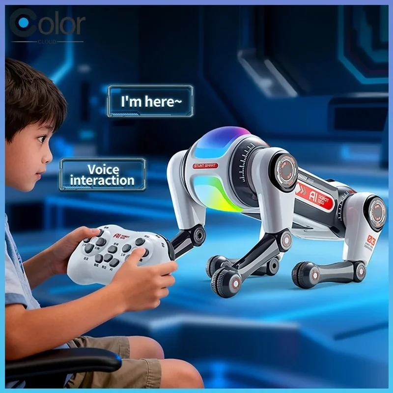 Smart RC Stunt Robot Dog Toy for Kids, AI Voice & Dual Remote Control, Programmable Interactive Robot Pet, Multiple Stunts Flip