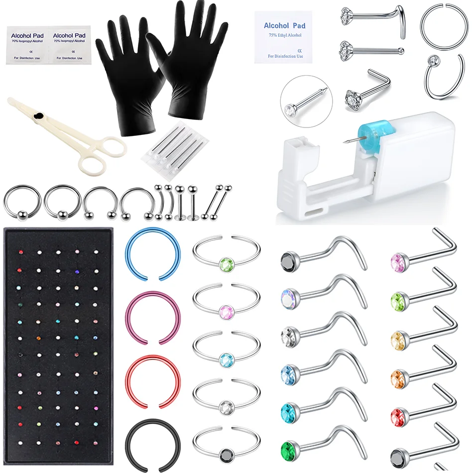 9-60pcs Nose Piercing Tool Crystal Nose Ring Hoop Stainless Steel Multicolor Bend L S Shape Nose Stud for Women Piercing Jewelry