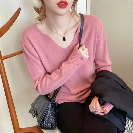 V-neck Knitted Sweater Long Sleeved Top Sweater Korean Version Gentle Style Base Shirt