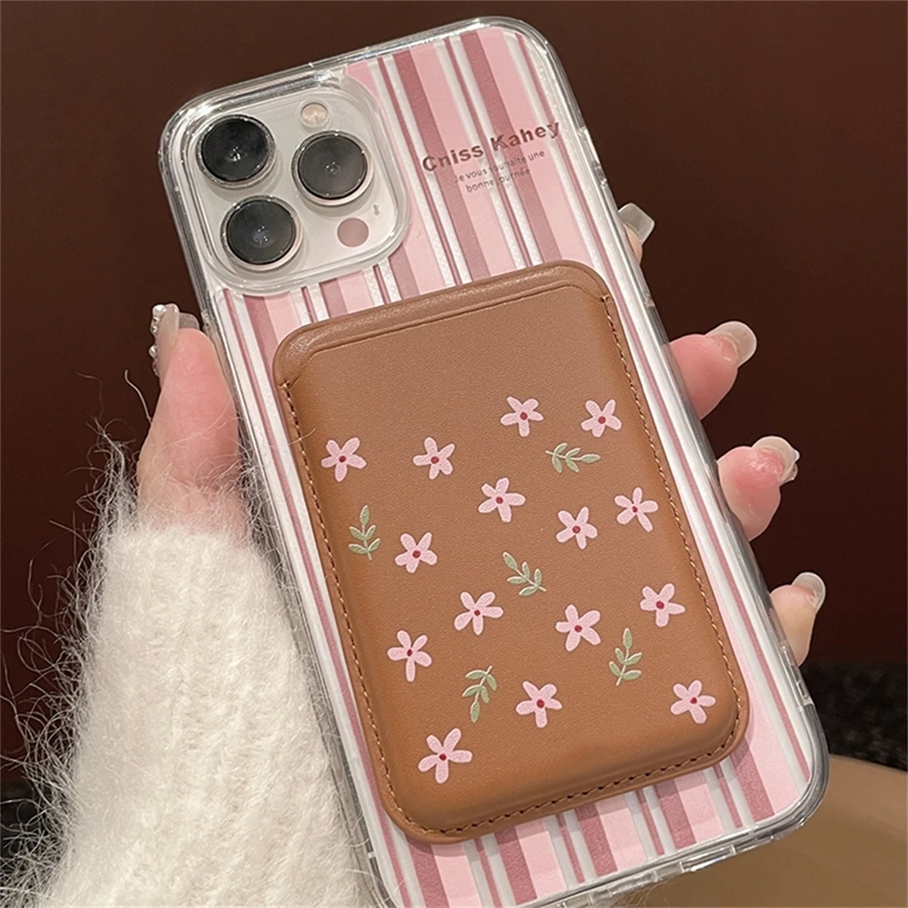 Korean Pink Floral Magnetic Wallet Card Holder Accessories For Magsafe Wireless Charging Case For iPhone 15 Phone Accessories