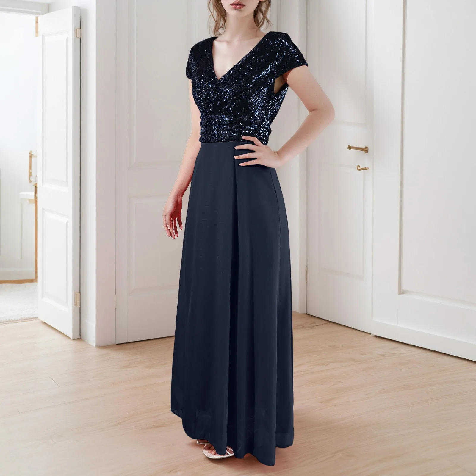 2024 neue Herbst Damen bekleidung ärmelloses Kleid V-Ausschnitt Pailletten elegante Chiffon Abendkleid Hochzeits gast Kleider für Frauen