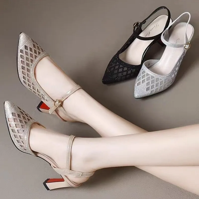 

Women's Summer Mesh Sandals Open Toe Hollow Out Design Diamond Embellished Low Heel Rubber Bottom Casual Style Shoes