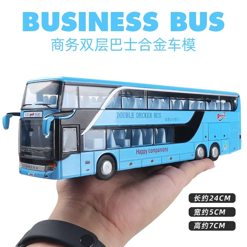 1:32 High Quality Alloy Double Deck Bus Sound Light Metal Diecast Pull Back Simulation Luxury Sightseeing Bus Vehicle Kids Toys