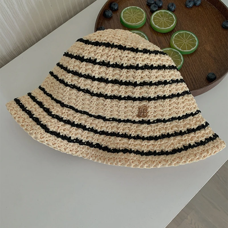 New Summer Striped Color Matching Woven Straw Hat Women\'s Fashion Outdoor Sunshade Sunscreen Foldable Sun Cap 여름모자