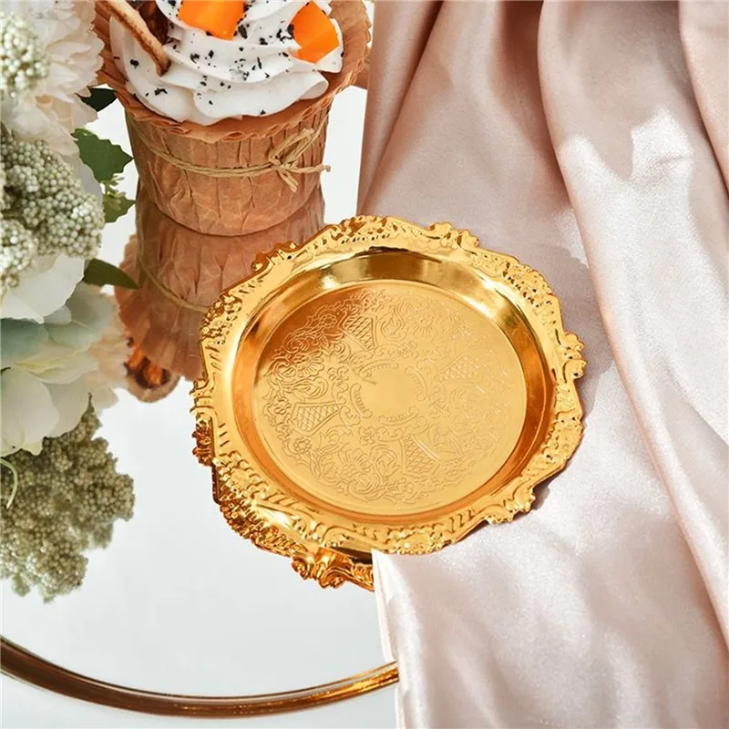 

Vintage Metal Golden Cocktail Coaster Metal Exquisite Cake Tray Snack Dessert Display Plated Snack Dishes 4inch/6inch