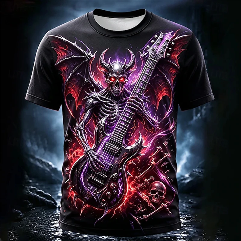 Men's Pirate Skull Playing Guitar Orange Flame Print Round-Neck Short-Sleeve Gothic Streetwear Casual T-Shirt Horror-Themed Top