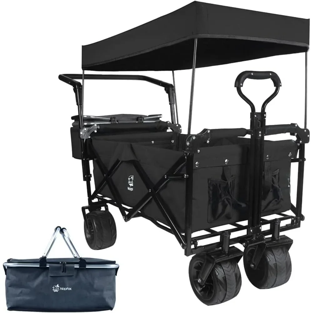 

Collapsible Wagon Heavy Duty Folding Wagon Cart with Removable Canopy,4Wide Large All Terrain Wheels, Brake,Adjustable Handles