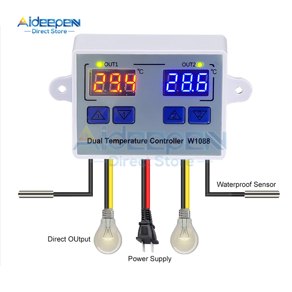 W1088 Dual LED Digital Temperature Sensor Meter Controller Heating Thermostat 12V 24V 220V Aquarium Incubator Thermoregulator