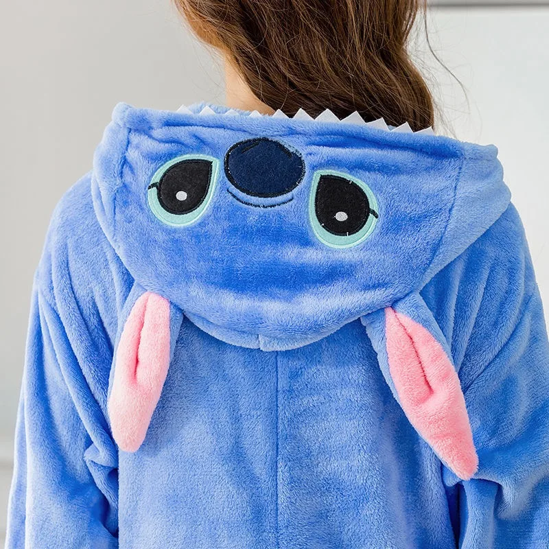 Stitch Anime Cosplay Costumes Women Men Cartoon Jumpsuit Adults Cute Flannel Hooded Pajamas Onesie For Halloween Christmas Party