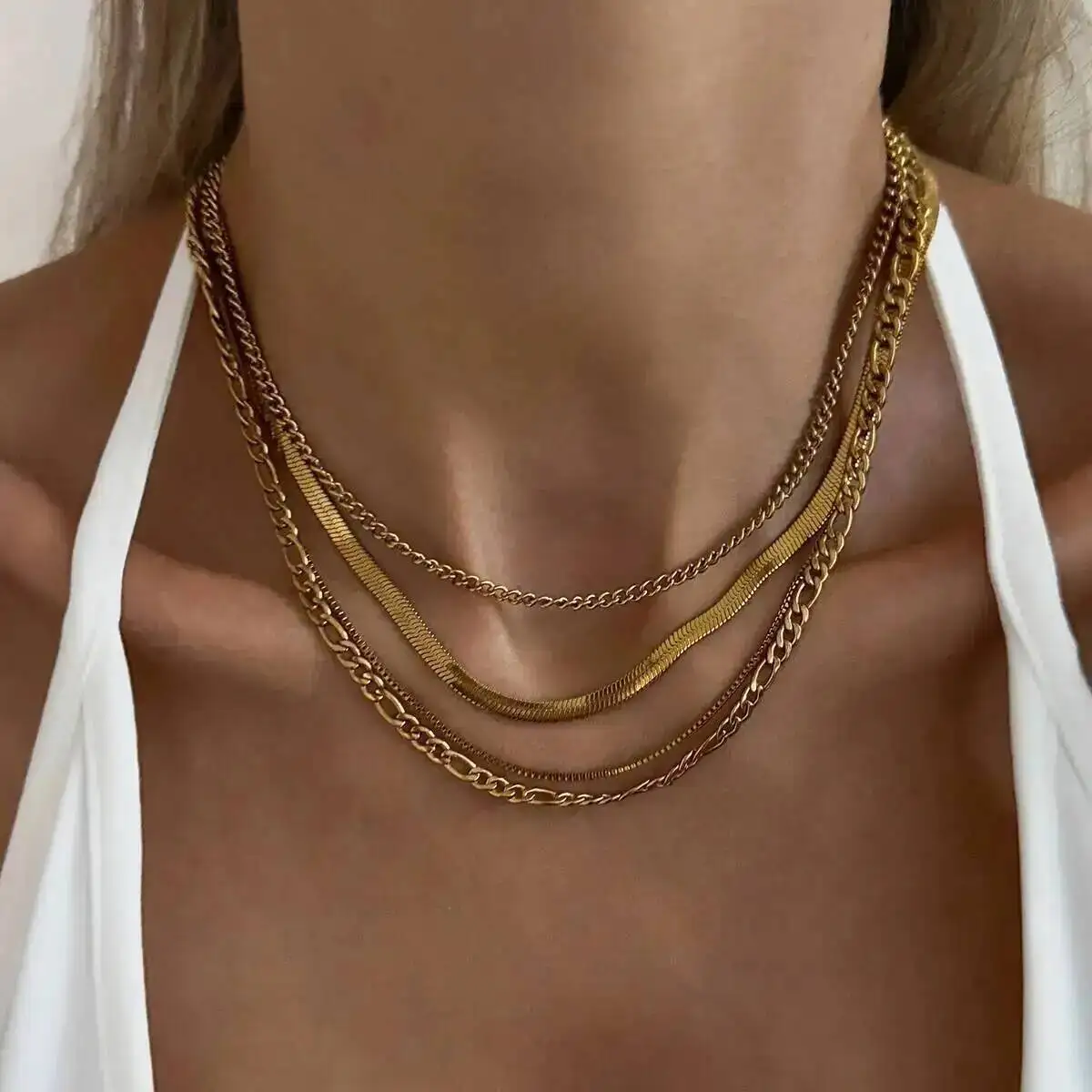 SHIXIN Vintage Multilayer Stainless Steel Chain Necklace for Women New Gold Color Cuba Chain Beads Link Chain Waterproof Jewelry