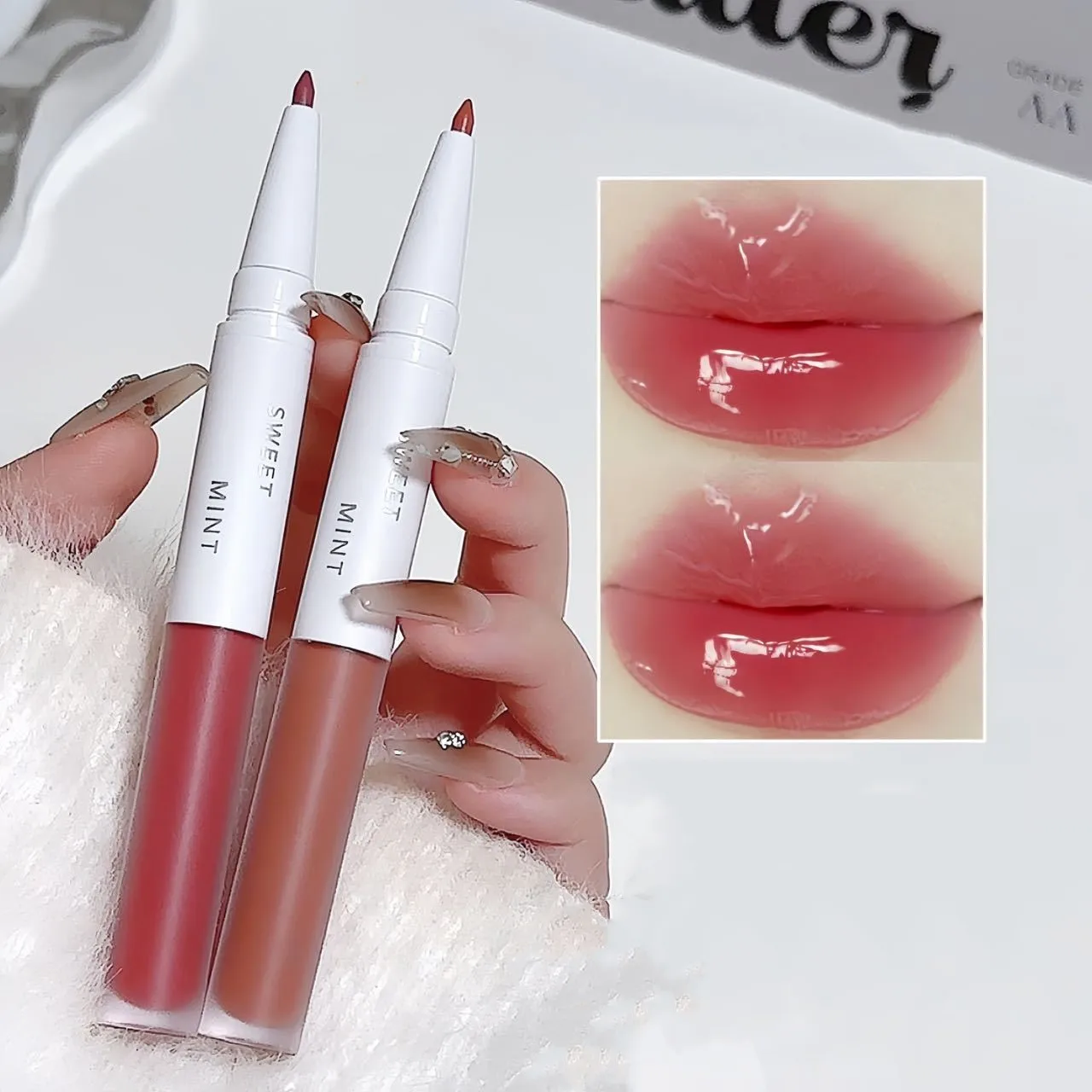 Double-ended Lip Glaze Lipliner 2 IN 1 Jelly Water Shiny Mirror Glass Plumping Lip Gloss Non Sticky Long-Lasting Lipstick Makeup