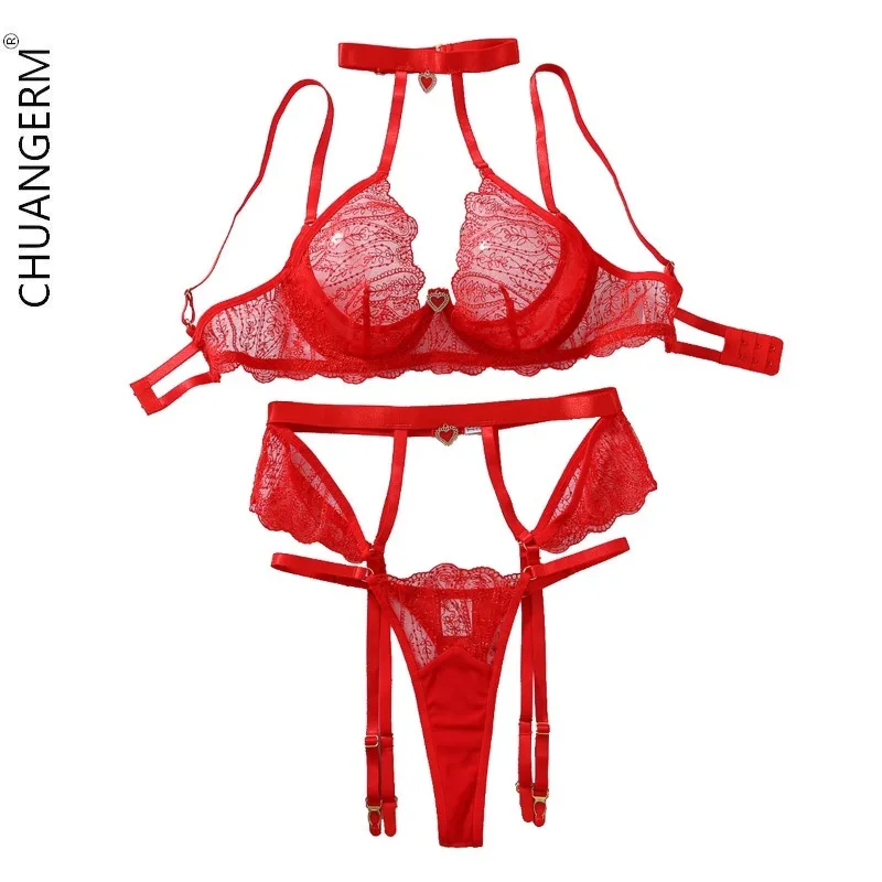 

CHUANGERM Hot SexyLingerie Set Female Underwear Women Embroidery Perspective Women's Clothing Set Love Pendant Top Intimates