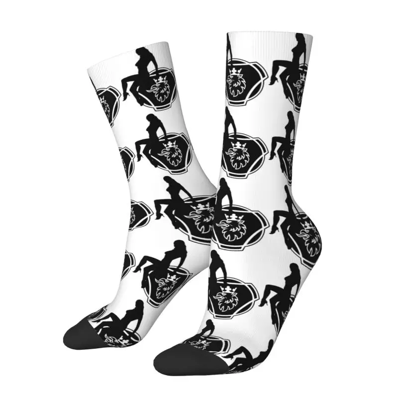 Custom Fashion Printed Sweden Saabs Scanias Socks for Men Women Stretch Summer Autumn Winter Automobile Car Crew Socks