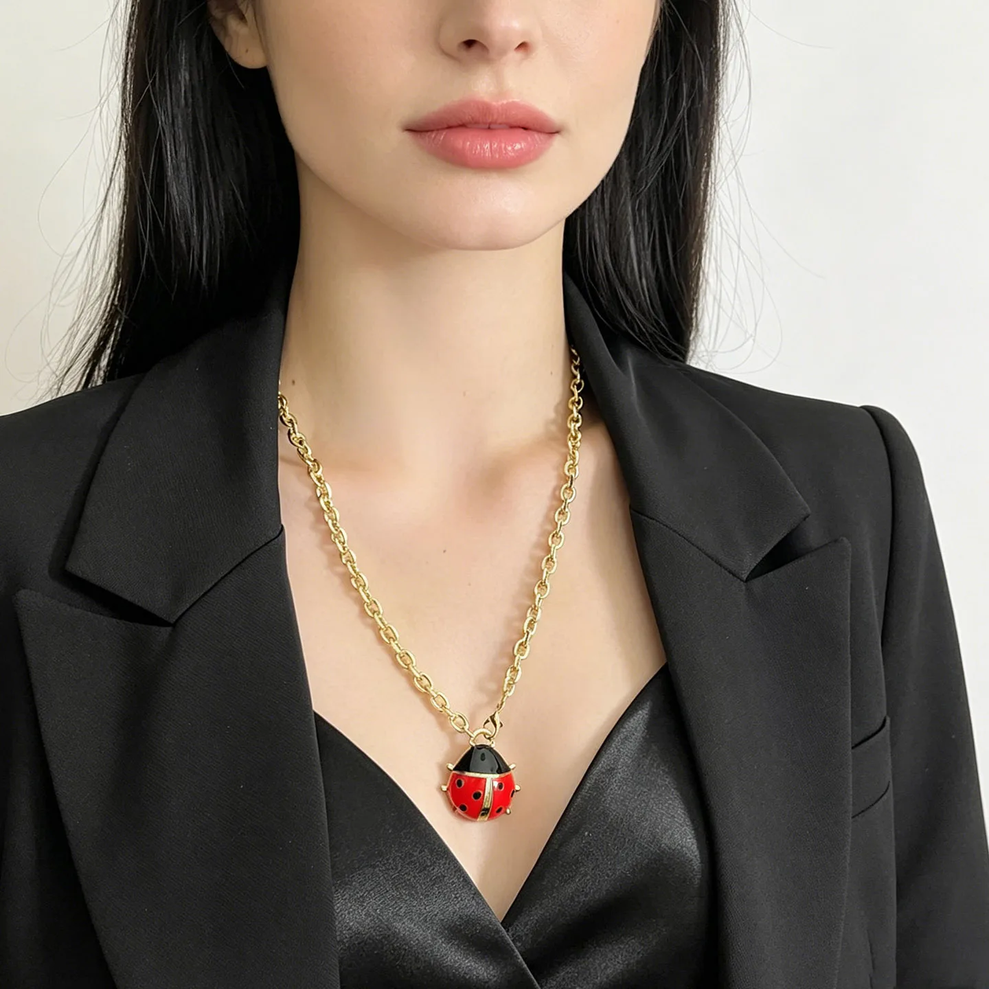 Spanish niche design enamel red ladybug pearl necklace women's light luxury niche unique exaggerated collarbone chain