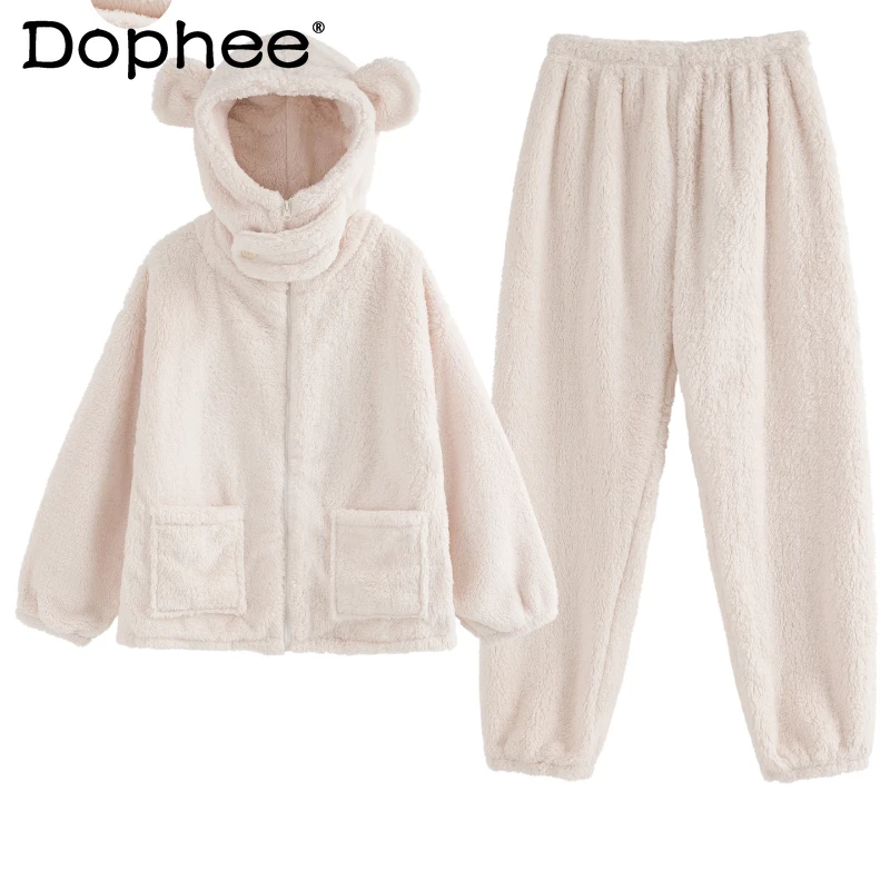 

2025 Autumn Winter New Fleece Coral Fleece Pajamas for Women Cute Bear Warm Thickened Long Sleeve Zipper Homewear Set