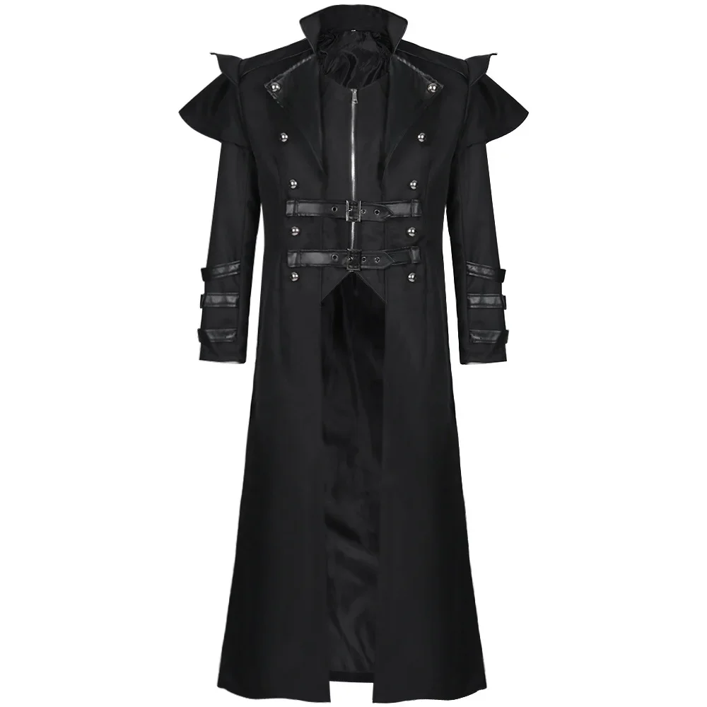 Disfraz de Halloween Medieval Steampunk de Elfo Asesino Pirata para Adultos, Chaqueta Larga Negra con Aberturas, Armadura Gótica, Abrigos de Cuero