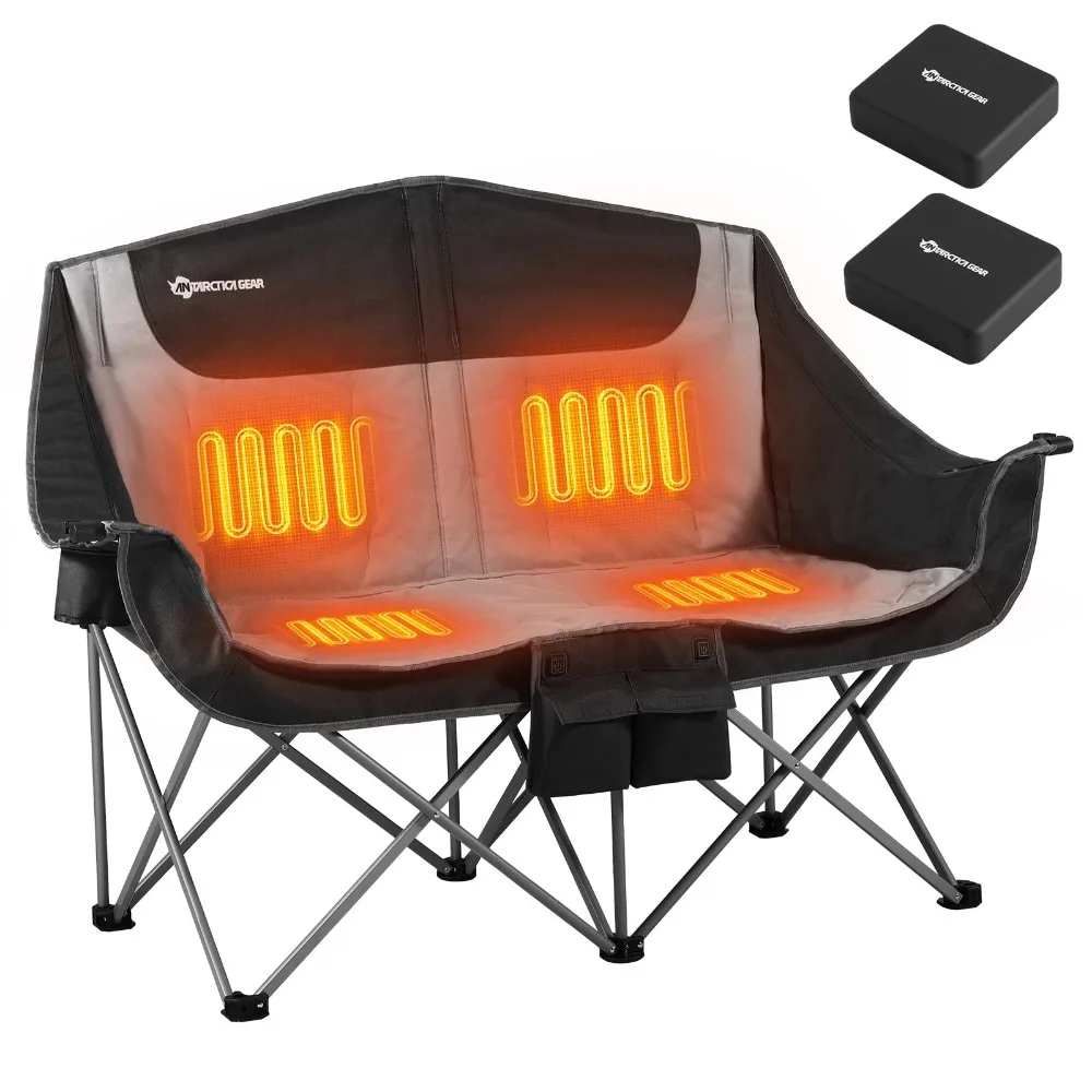 Heated Double Camping Chair, 2-Person Folding Chair with 12V 16000mAh Battery Pack, Heated Portable Loveseat Chair, for Outdoor