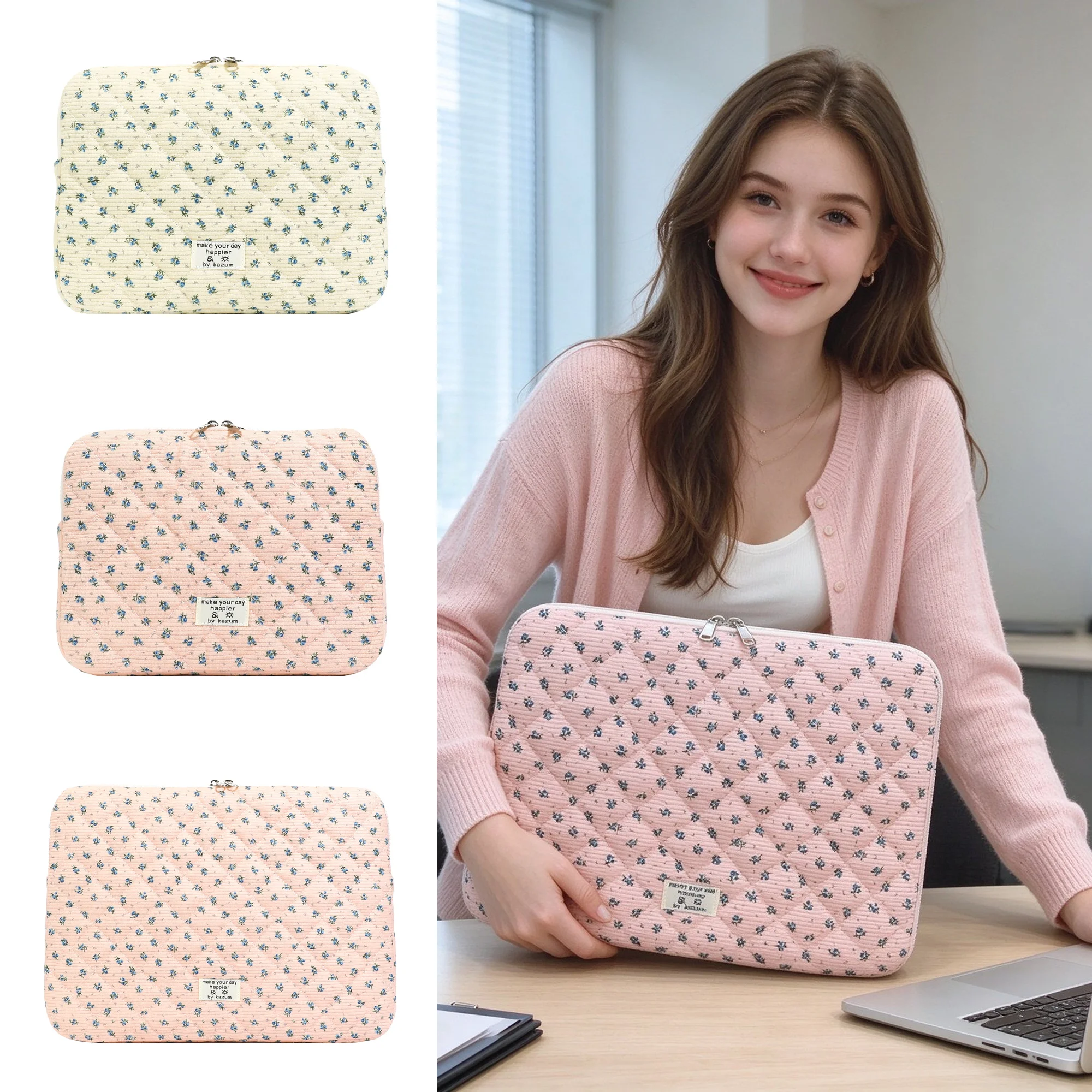 Ditsy Floral Quilted Laptop Sleeve for MacBook 11 13 14 15.6, Soft Zipper Shockproof Notebook Case, Cute Inner Cover for Women
