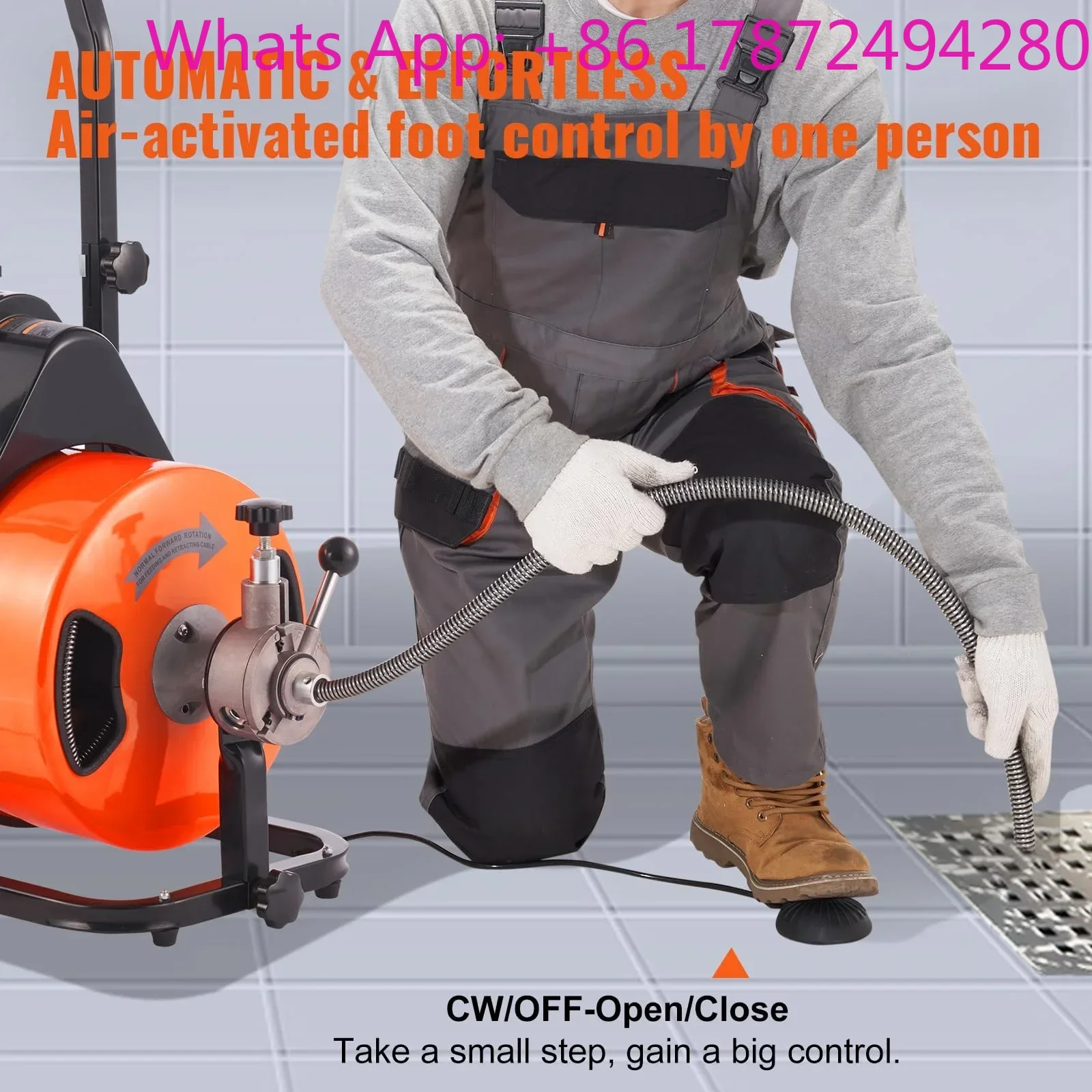 100 FT x 3/8 Inch Sewer Snake Machine Auto-Feed Drain Auger Cleaner 4 Cutters 1\