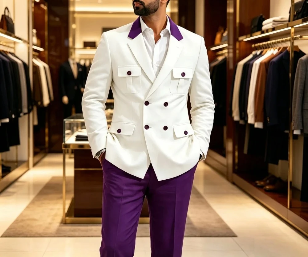 Double Breasted Suits for Men 2 Pieces Wedding Tuxedo with Pockets Slim Fit Formal Safari Blazer with Pants Set for Guest Prom