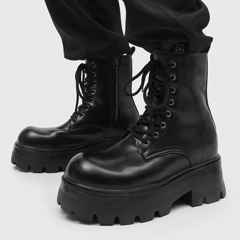 British Style Men Fashion Stage Nightclub High Motorcycle Boots Black Trendy Genuine Leather Shoes Cowboy Platform Botas Hombre