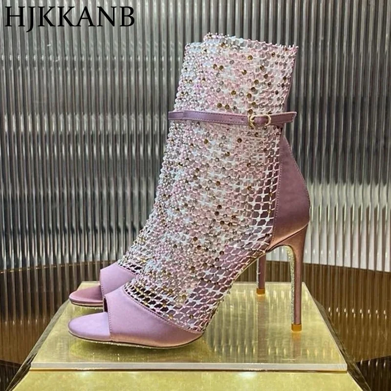 Runway Silk Satin Sandals Bling Bling Crystal Thin High Heels Ankle Strap Peep Toe Sandalias Women Summer Party Dress Shoes
