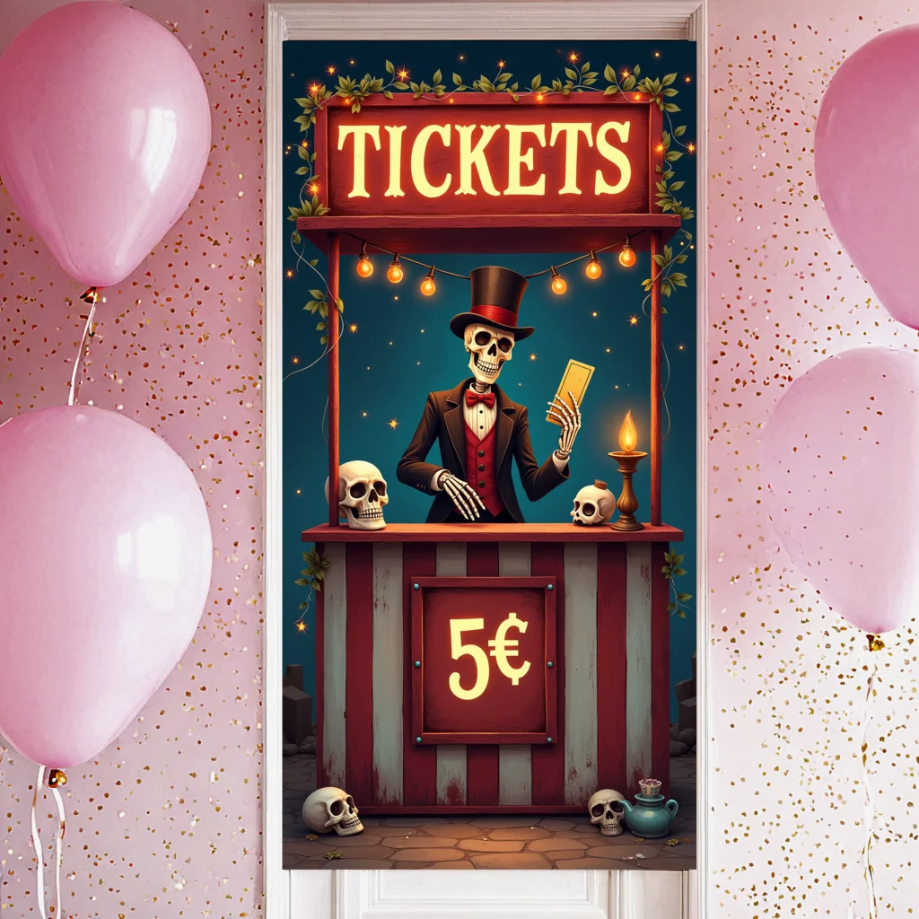 Halloween Door Decoration Halloween Skeleton Ticket Booth Banner Spooky Carnival Entrance for Halloween Party Haunted House Even view 2