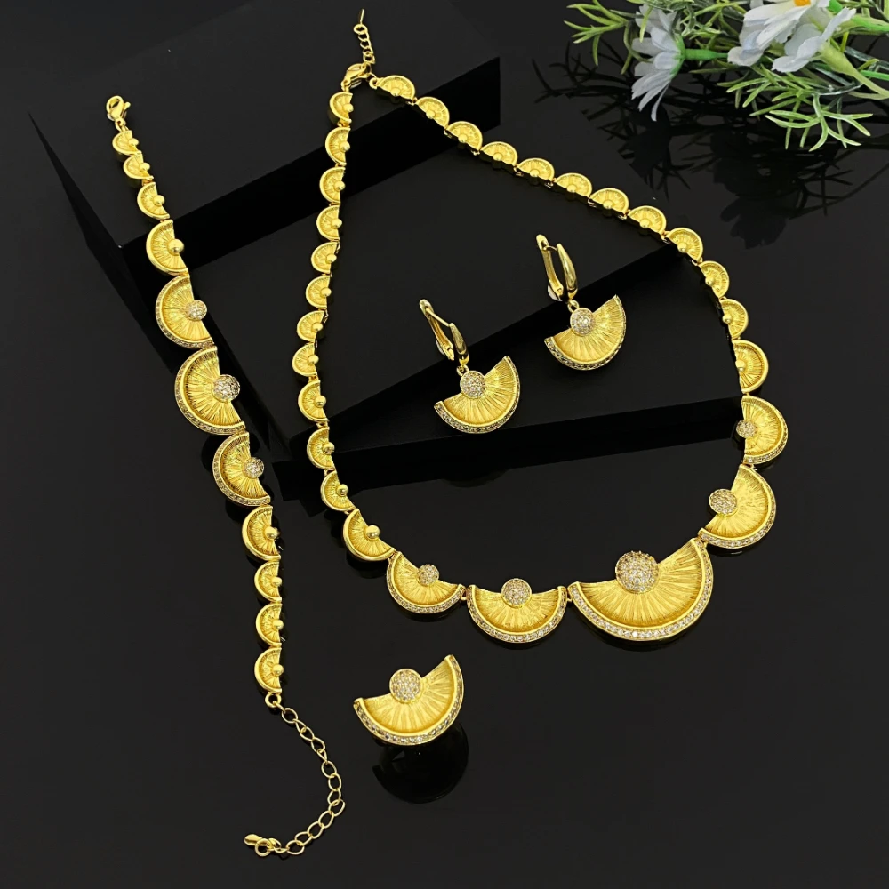 

JRH Gold Plated Cubic Zirconia Wedding Jewelry Set for Women Earring Necklace Bracelet Ring Middle East Fashion Luxury Accessory