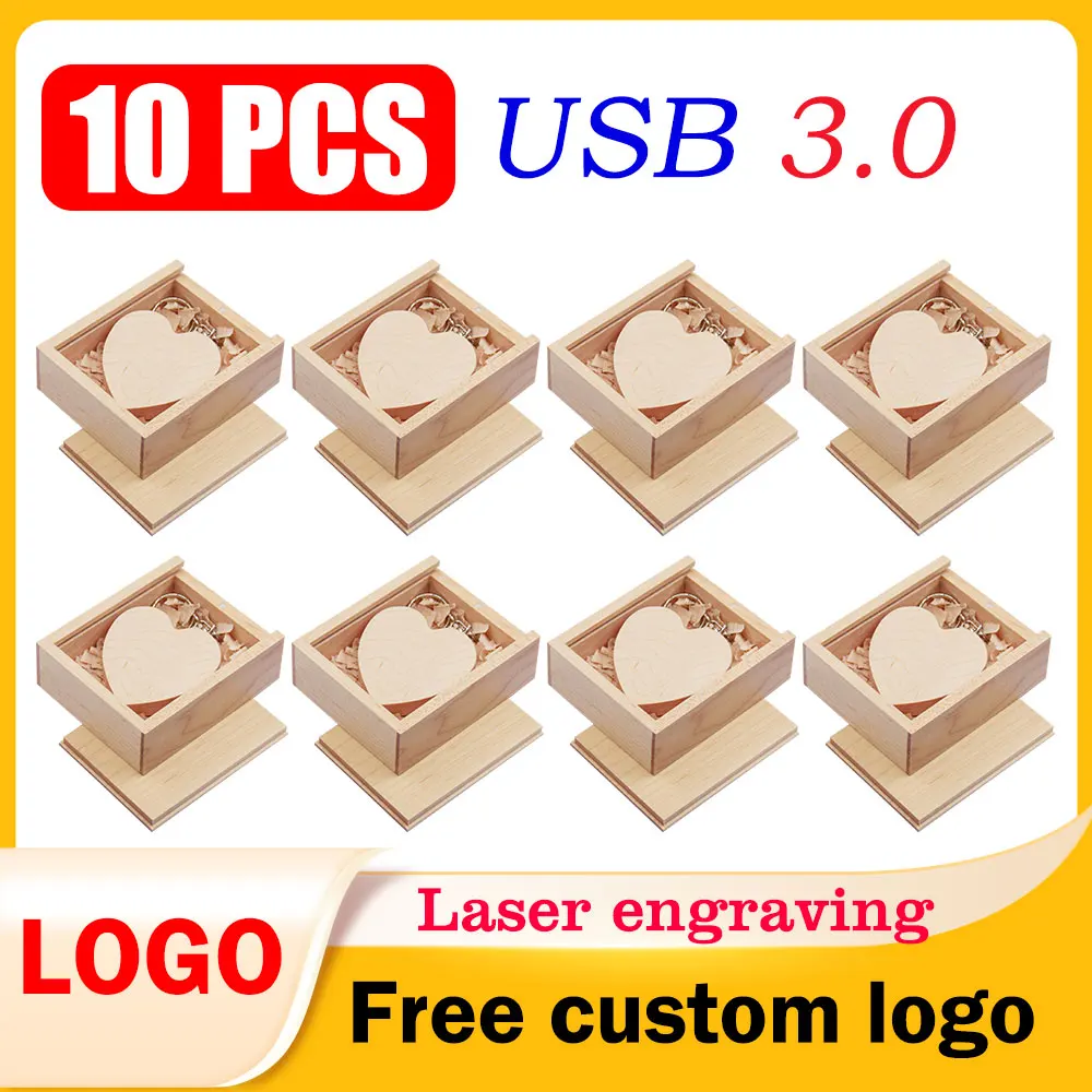 

10 шт./лот, бесплатный логотип, деревянное сердце, USB 3,0, флэш-накопитель для фотографий, свадебные подарки, ручка-накопитель, реальная емкость, 64 ГБ, 32 ГБ