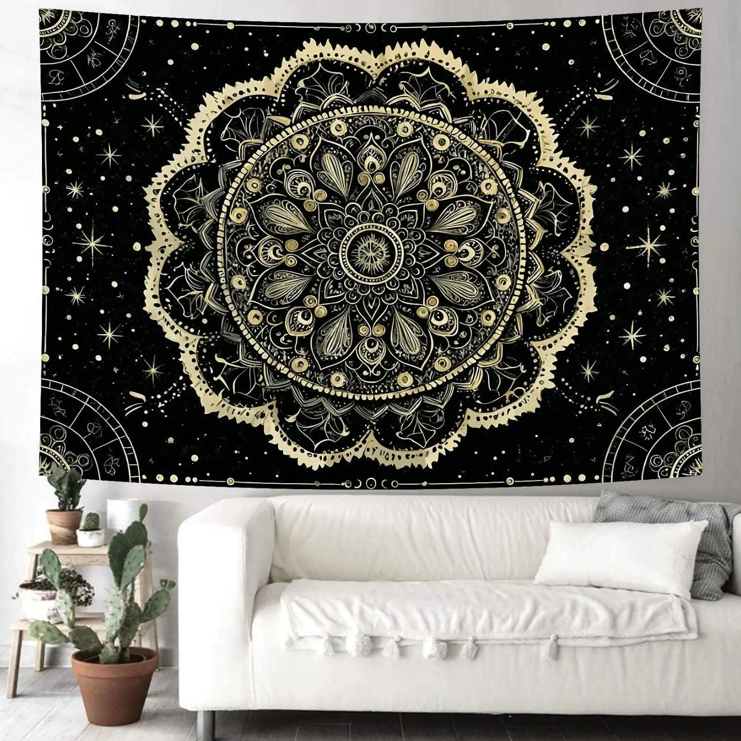Black and Gold Mandala Tapestry Astrology Space Hippie Bohemian Floral Medallion Tapestry Wall Hanging Aesthetic Psychedelic