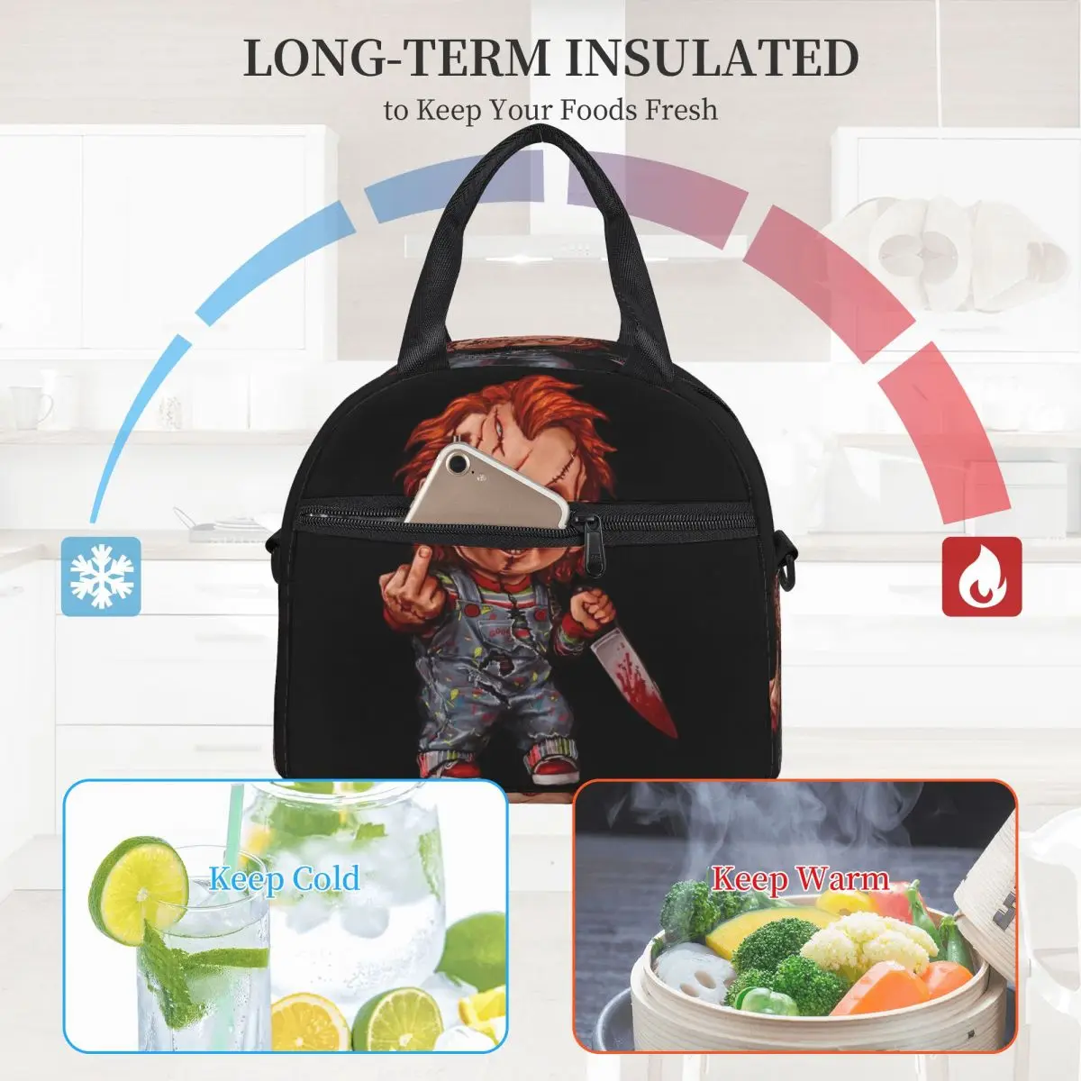 Die Killer puppe Zubehör große isolierte Lunch-Tasche mit verstellbarem Schulter gurt Horror Chucky Thermo kühler Bento Box