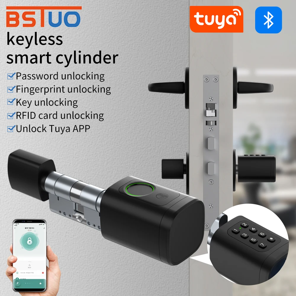 Tuya Smart Cylinder Digital Door Lock Mortise Bolt 2 Ways Adjustable Cylinder Length Fingerprint Password APP Key IC Card Unlock