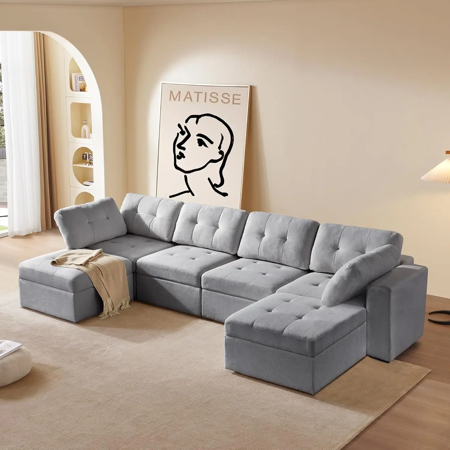 

U Shaped Sofa Couch Modular Sectional Tufted Sofa with Double Chaise, Convertible Sectional Sofa with Storage