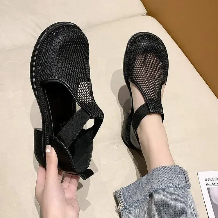 2023Closed Toe Sandals Black Shoes for Women  Summer Breathable Beige Medium Fashion New Flat Comfort Girls Outside Buckle