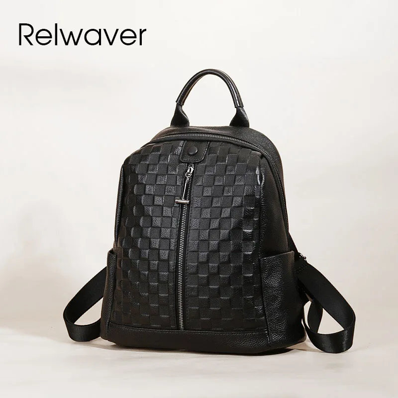 Relwaver genuine leather backpack black plaid pattern women backpack 2024 winter all match soft causal embossing travel backpack