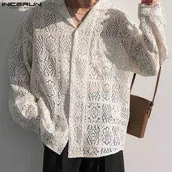 INCERUN 2024 Men Shirt Lace Streetwear Lapel Long Sleeve Men Clothing Sexy Loose Hollow Out Transparent Fashion Casual Shirts